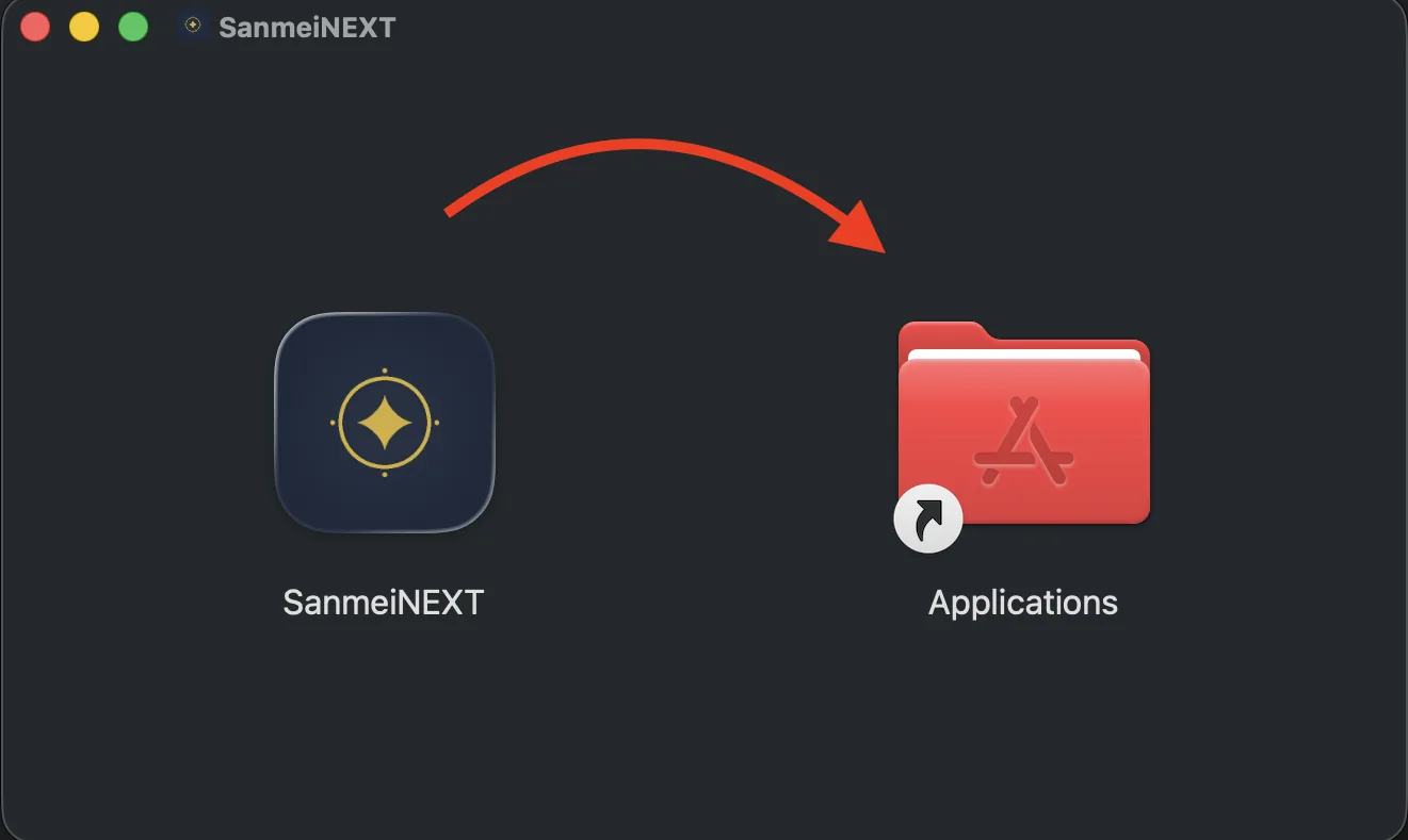 dmgを開いた画面。SanmeiNEXTのアイコンとApplicationsフォルダ